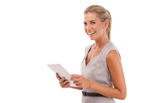 Portrait, business woman and tablet on an isolated and transparent png background. Happy worker, professional female model and digital technology for corporate management, internet and web