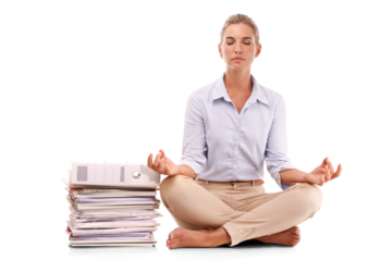 Yoga, documents and business woman meditation for work stress relief, mental health peace or chakra healing. Paperwork pile, relax zen mindset or mindfulness on a isolated, transparent png background