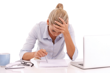 Mental health, frustrated and business woman stress over crypto investment crisis, stock market crash or finance loss. Accounting problem for an accountant on an isolated, transparent png background
