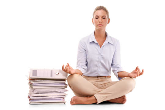 Yoga, documents and business woman meditation for work stress relief, mental health peace or chakra healing. Paperwork pile, relax zen mindset or mindfulness on a isolated, transparent png background