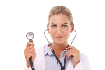 Face, healthcare doctor and woman with stethoscope on an isolated and transparent png background. Portrait, cardiology and female medical cardiologist holding equipment for heart health and wellness