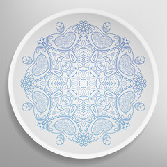 Decorative plate with round ornament in ethnic style. Mandala circular abstract geometric floral pattern. Fashion background with ornate dish. Interior home decor, vector illustration