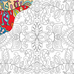 Fototapeta na wymiar Decorative doodle pattern for coloring book. Hand drawn fantasy line art, floral geometric ornament for painting, coloring page. Tribal ethnic decoration. Black and white with sample of colors