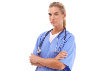 Proud doctor in healthcare portrait on an isolated and transparent png background for service and trust. Nurse or serious medical worker with confidence and scrubs standing for professional care
