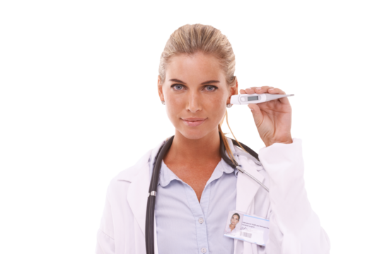 Portrait, healthcare and thermometer with a doctor woman for consulting. Hospital, medical and fever with a female medicine professional working in a clinic on an isolated, transparent png background