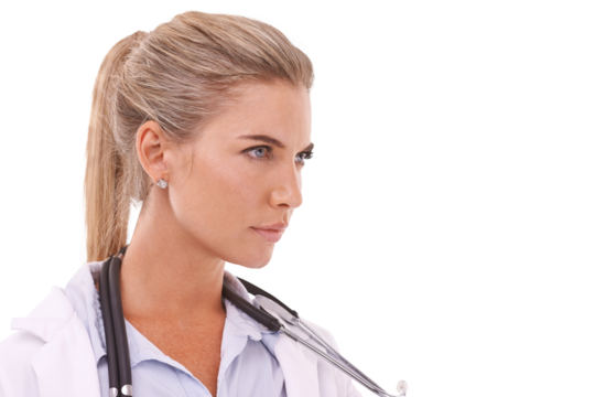 Doctor, serious face and thinking of healthcare wellness or professional medical care on an isolated and transparent png background. Nurse, pharmaceutical medicine and determination with attitude