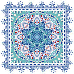 Decorative doodle ornament, symmetric pattern with lace frame. Tribal ethnic mandala decor. Bandana shawl, hijab, tablecloth fabric print, silk neck scarf, kerchief design. Colorful vector background