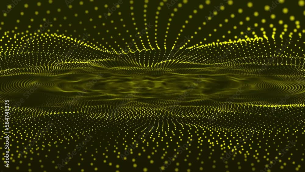 Poster Abstract yellow background 3D wave lines flowing particles smooth curve shape dots blended mesh technology futuristic concept. Abstract trapcode form digital particle wave and lights background.