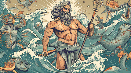 ancient greek mythology poseidon, illustration, god of oceans and storms, generative AI