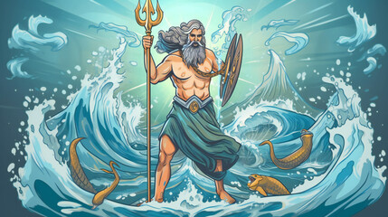 poseidon, illustration, greek god of the sea, trident in hand, generative AI - obrazy, fototapety, plakaty
