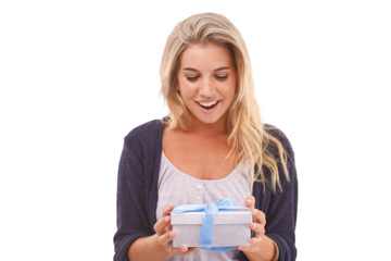 Gift, present and box with a woman on an isolated and transparent png background during Christmas, a birthday or celebration event. Happy, smile and surprise with a young female holding a giftbox