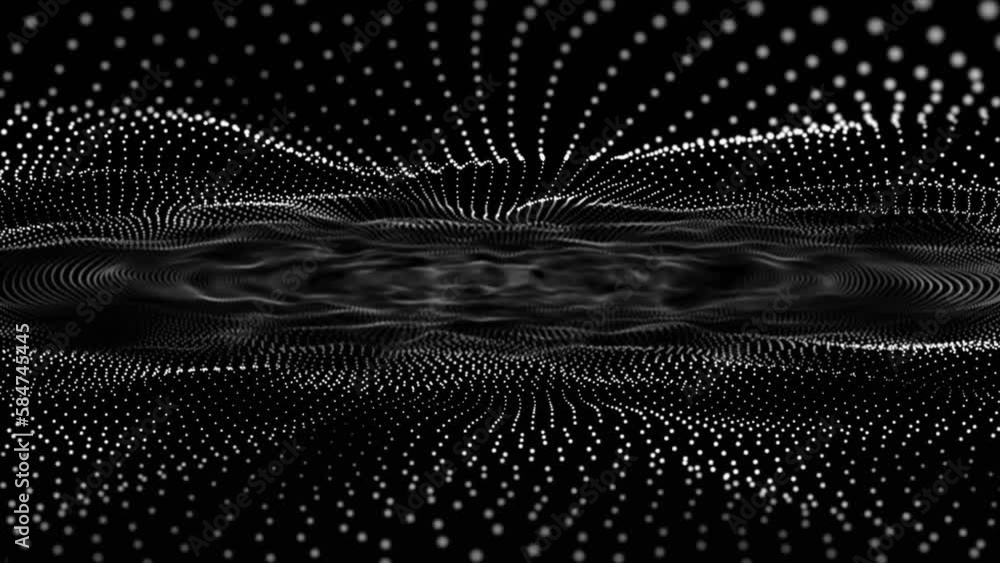 Poster white and black 3d wave points fractal grid. trapcode form, glowing dots and depf of field. abstract