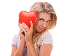 Happy woman, heart emoji and love portrait on an isolated and transparent png background for valentines day, care and romance. Face of a young female model with a red icon for dating and support