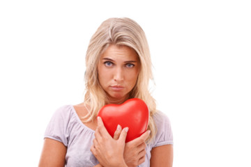 Heart, love and portrait of sad woman with red object, romantic product or emoji icon for Valentines Day holiday on an isolated and transparent png background. Breakup, heartbreak     