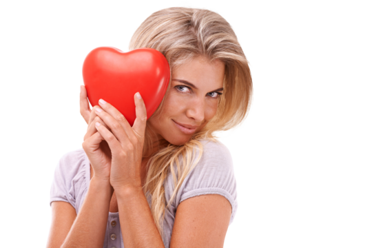 Happy woman, heart emoji and love portrait on an isolated and transparent png background for valentines day, care and romance. Face of a young female model with a red icon for dating and support