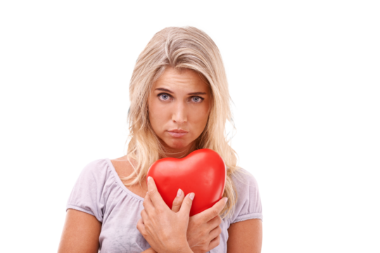 Heart, love and portrait of sad woman with red object, romantic product or emoji icon for Valentines Day holiday on an isolated and transparent png background. Breakup, heartbreak