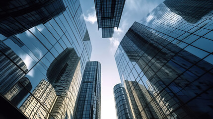 Fototapeta na wymiar modern city skyscrapers, bottom perspective, blue sky, generative ai
