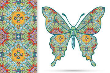 Decorative butterfly and colorful doodle seamless pattern, hand drawn repeating texture. Isolated elements for textile fabric, paper print, invitation or greeting card design. Vector animal collection