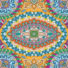 Hand drawn seamless graphic pattern, colorful artistic background with floral and geometric elements. Doodle ethnic mandala ornament for textile fabric, paper print. Surface texture 
