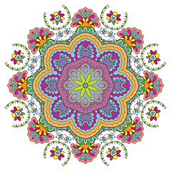 Mandala flower decoration, hand drawn round ornament, isolated design element on a white background. Vector geometric floral pattern. Tribal ethnic fashion motif for paper, textile, cloth fabric print