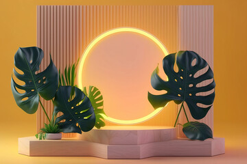 Yellow minimalist podium with monstera leaves and neon light - perfect for showcasing products