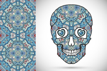 Day of The Dead colorful Sugar Skull with doodle ornament and decorative seamless floral geometric pattern. Hand drawn art background, tattoo, Halloween party card design, textile or paper print