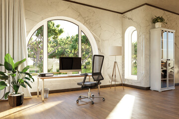 comfortable workplace with pc workstation standing in front of large arched windows; landscape view; bright sunlight shines through window; remote work freelance concept; 3D Illustration