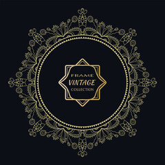 Golden frame template with label and Vintage sign. Decorative line art border, geometric round ornament, linear circular motif. Isolated design element, gold on black background. Elegant fashion lace