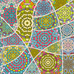 Fototapeta premium Vector patchwork quilt pattern. Vintage decorative collage. Hand drawn background. Indian, Arabic, Turkish motifs for printing on fabric or paper. Abstract colorful doodle pattern in mosaic style