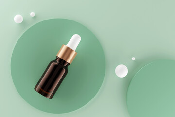 bottle with dropper mockup for liquid, oil, serum container , top view ,3d rendering