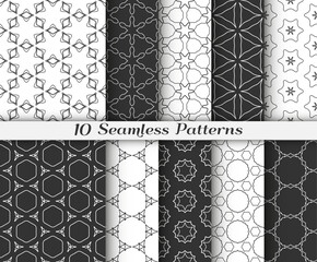 Seamless pattern set in arabic style. Stylish black and white graphic, geometric linear background. Line art texture for wallpaper, card, invitation, fabric print. Ethnic ornament, vector illustration