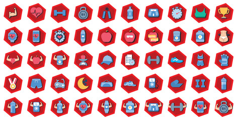 vector icon set of gym icons with red background