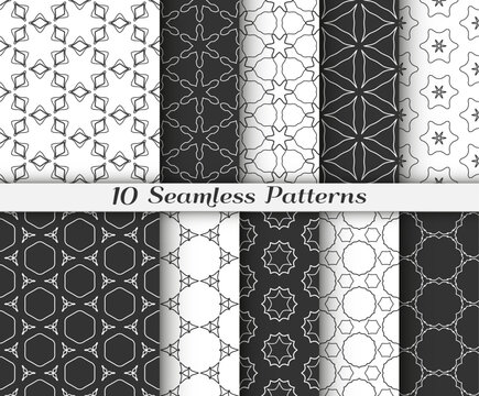 Seamless pattern set in arabic style. Stylish black and white graphic, geometric linear background. Line art texture for wallpaper, card, invitation, fabric print. Ethnic ornament, vector illustration