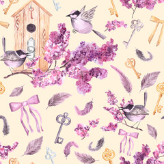 Hand drawn seamless watercolor pattern with birdhouse on blooming pink floral cherry apple branch with two little birds,bows,keys,feathers.Concept of spring coming,love,family,beige vintage background