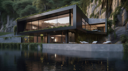 Fototapeta premium modern luxury hosue in the mountains with big outside pool, generative ai