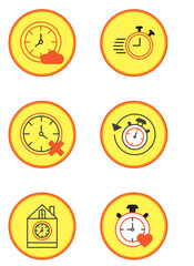set of vector images of clock icons with yellow background