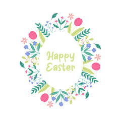 Happy Easter flower egg. Card template. Floral background with space for text.
