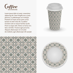 Cardboard paper cup of coffee and saucer with ornament, seamless pattern. Take away coffee packaging template, isolated design elements for coffee shop, restaurant menu. Realistic cup and saucer