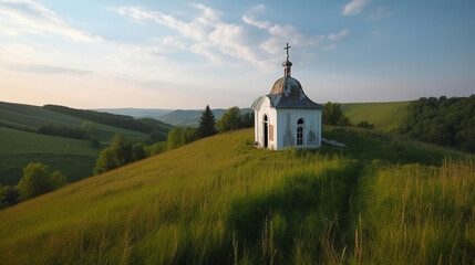 little white chapel in the mountains, church in the green meadow, generative ai