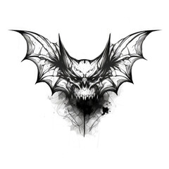 Obraz premium Stylized drawn bat head and wings in black color on white background. Tattoo graphic style. Generative AI.