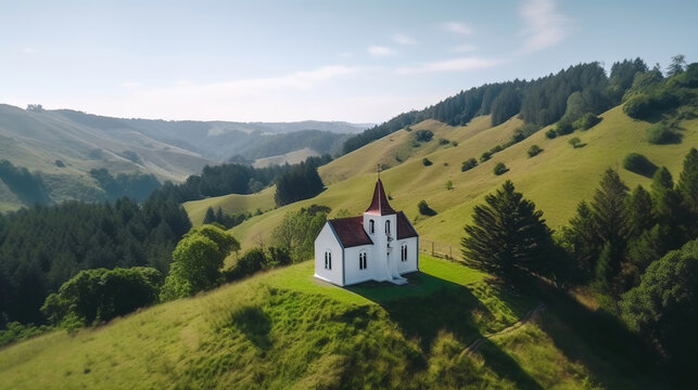 little white chapel in the mountains, church in the green meadow, generative ai