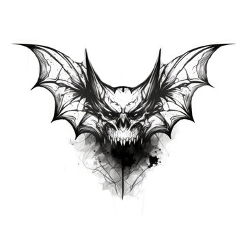 Stylized drawn bat head and wings in black color on white background. Tattoo graphic style. Generative AI.