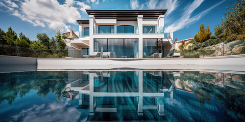 Vue de la piscine d'une grande villa moderne et luxueuse, architecture design et contemporaine