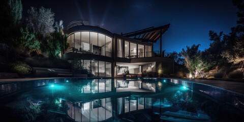 Obraz na płótnie Canvas Villa moderne et luxueuse avec piscine au premier plan, vue nocturne avec illuminations