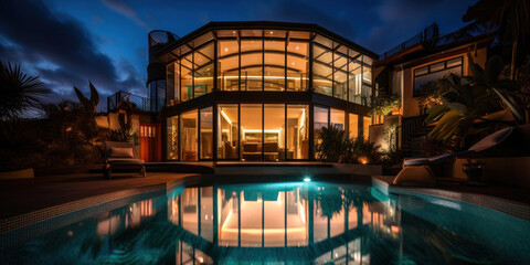 Fototapeta na wymiar Villa moderne et luxueuse avec piscine au premier plan, vue nocturne avec illuminations