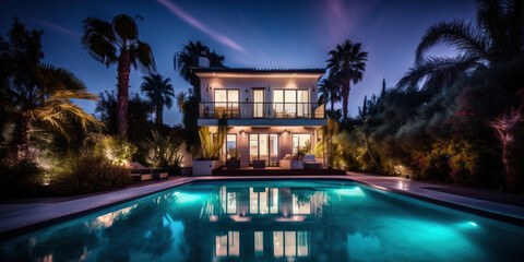 Villa moderne et luxueuse avec piscine au premier plan, vue nocturne avec illuminations - obrazy, fototapety, plakaty