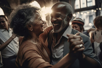 middle aged african american smiling couple in love dancing in a club, generative ai