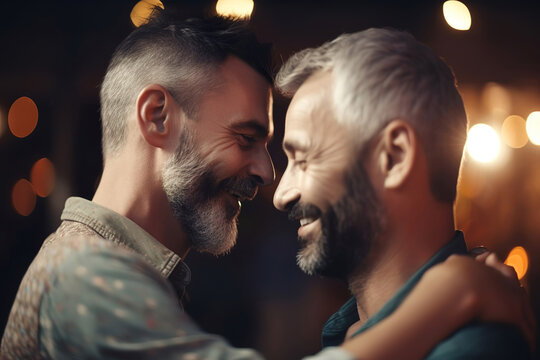 young smiling gay couple dance together in a club, bokeh lights background, generative ai