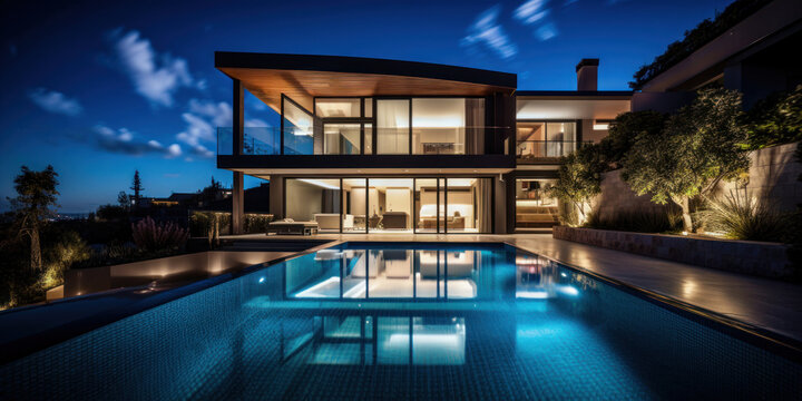 Villa moderne et luxueuse avec piscine au premier plan, vue nocturne avec illuminations