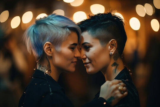 young smiling lesbian couple dance together in a club, bokeh lights background, generative ai